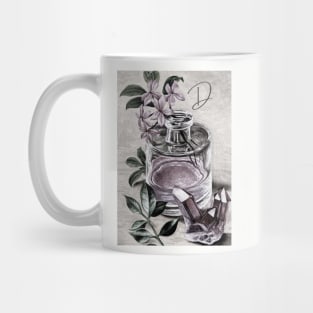 'D' vintage print perfume & rose quartz - personalized Mug